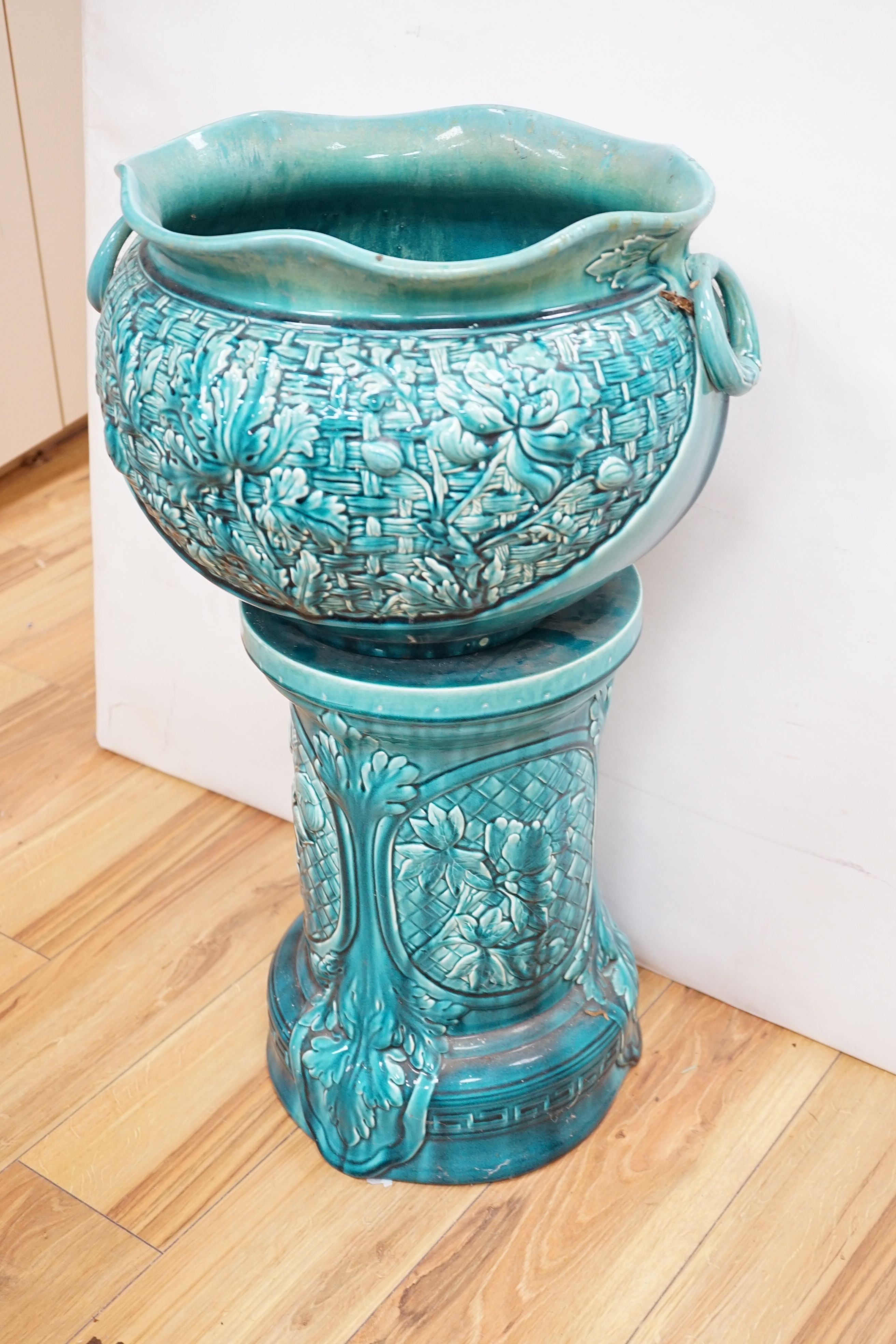 A Bretby turquoise-glazed jardiniere on pedestal 74cm